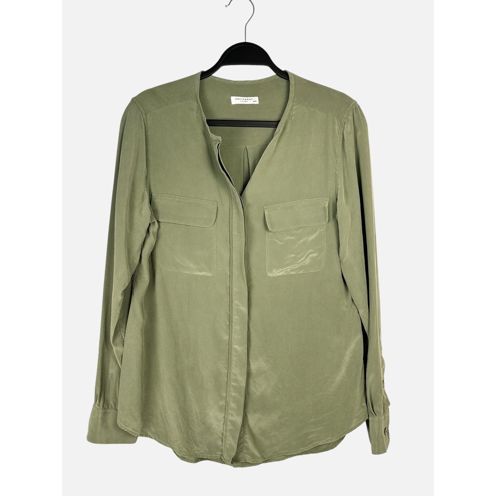 Equipment Femme Green 100% Silk Collarless Button Down Blouse Medium Q23-E368 - Picture 2 of 6